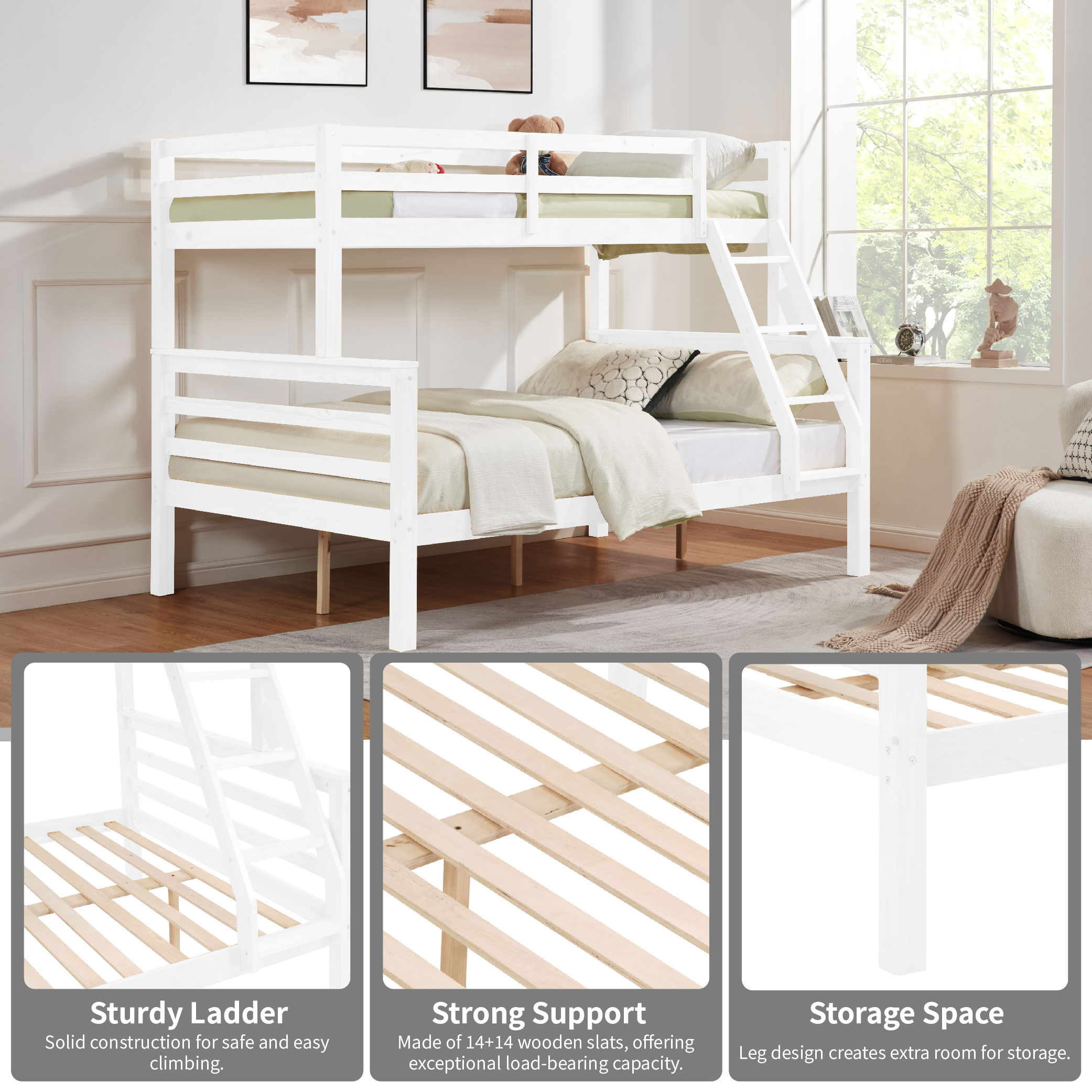 Twin over Full Bunk Bed with Thick Posts,Wooden Bunk Bed with High Guardrail and Ladder for Kids, Teens, Dorm Rooms, and Guest Rooms,No Box Spring Needed,White Twin over Full Bunk Bed with Thick Posts,Wooden Bunk Bed with High Guardrail and Ladder for Kids, Teens, Dorm Rooms, and Guest Rooms,No Box Spring Needed,White
